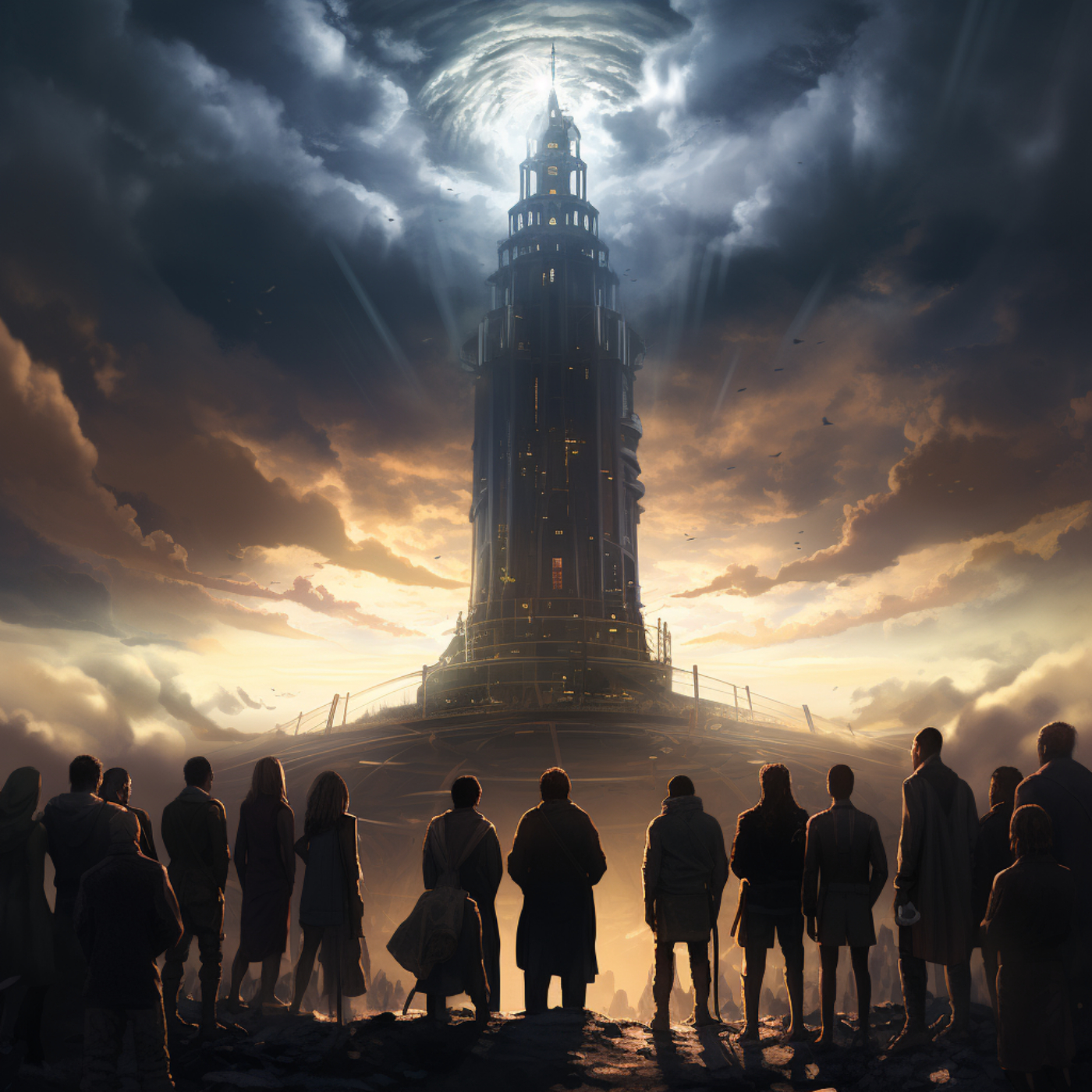 Cyberpunk community of faculty members standing in a circle on top of an ivory tower with a storm brewing