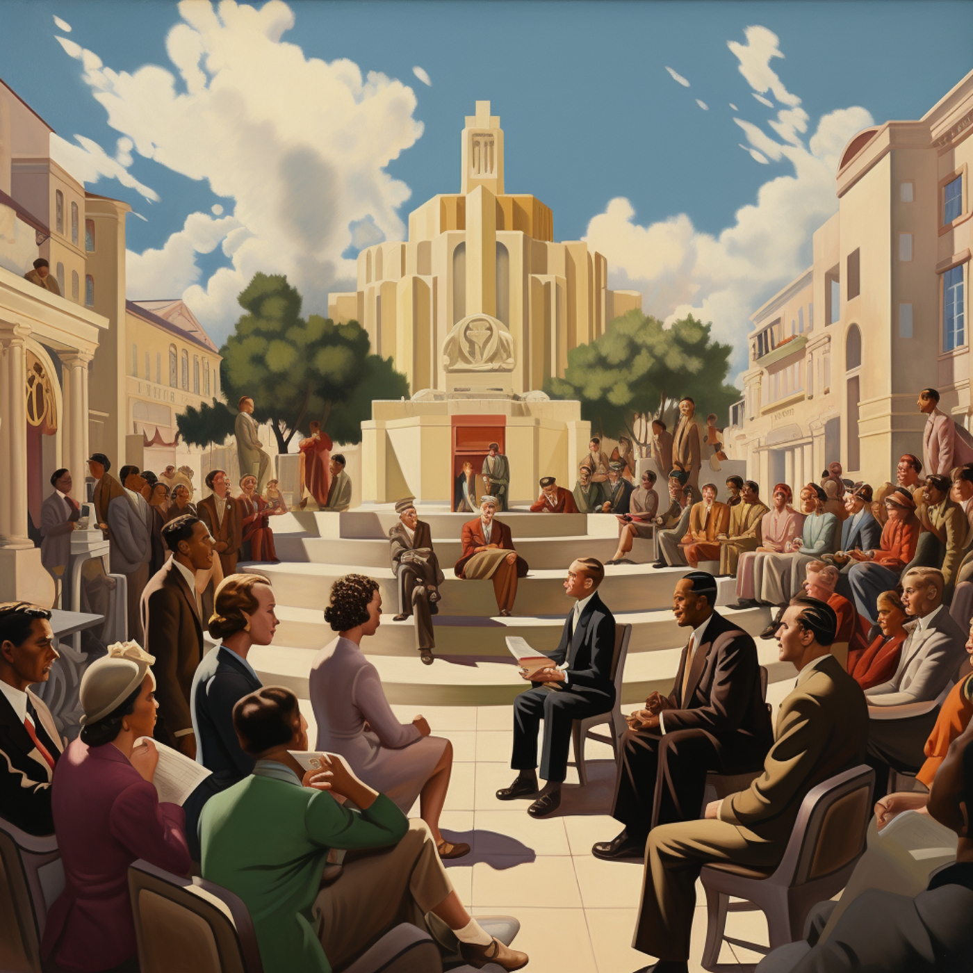 An art deco set of laws being read from a town square with the people in the square sharing questions and suggestions in a peaceful way