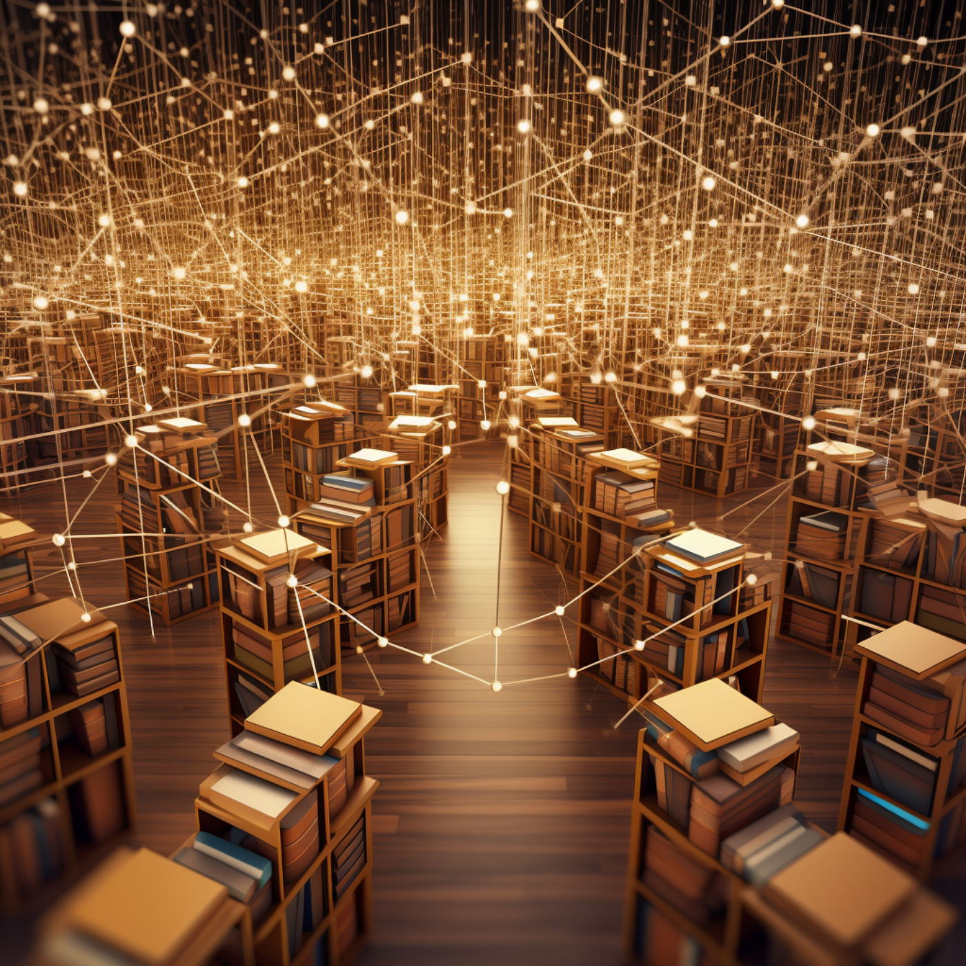 desks with books with a neural network lit up above in lights