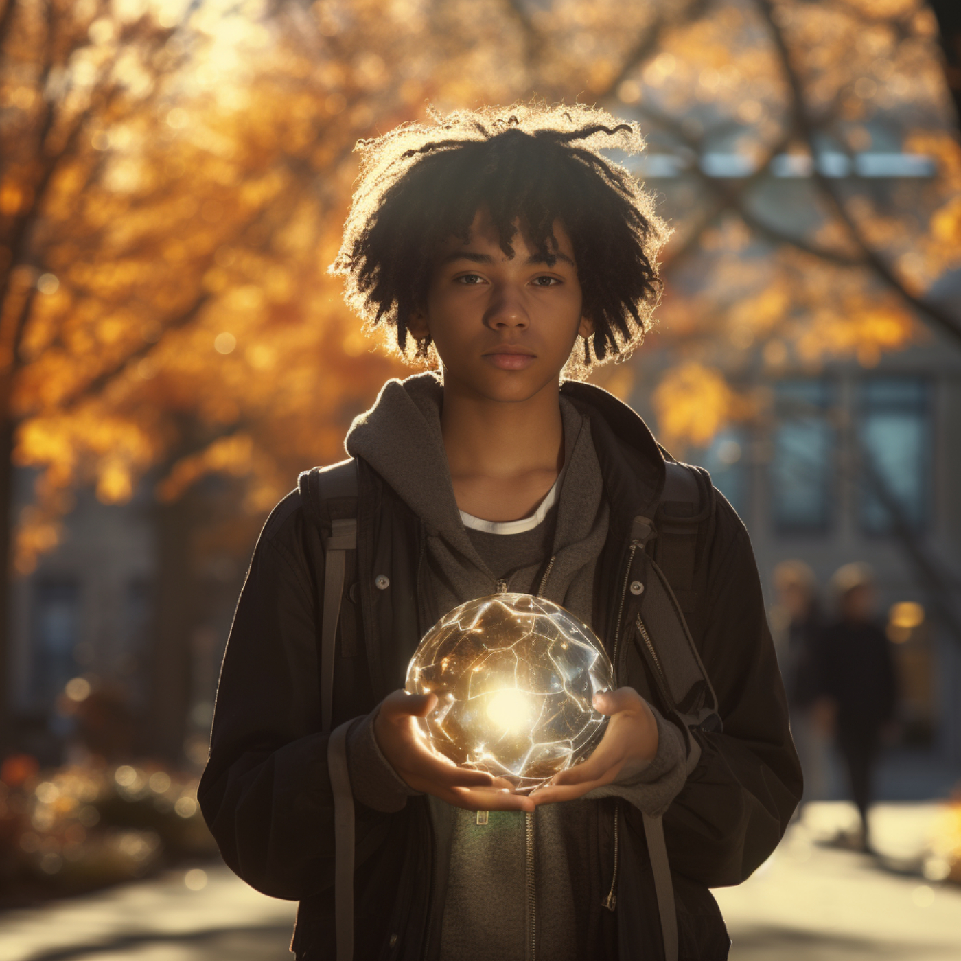 a hyperrealistic mixed race non-binary student carrying a glistening orb that has a glowing neural network inside it - standing in front of University Hall at McMaster University on a sunny fall day. Other students and faculty are blurred around them buy are moving in and out of buildings