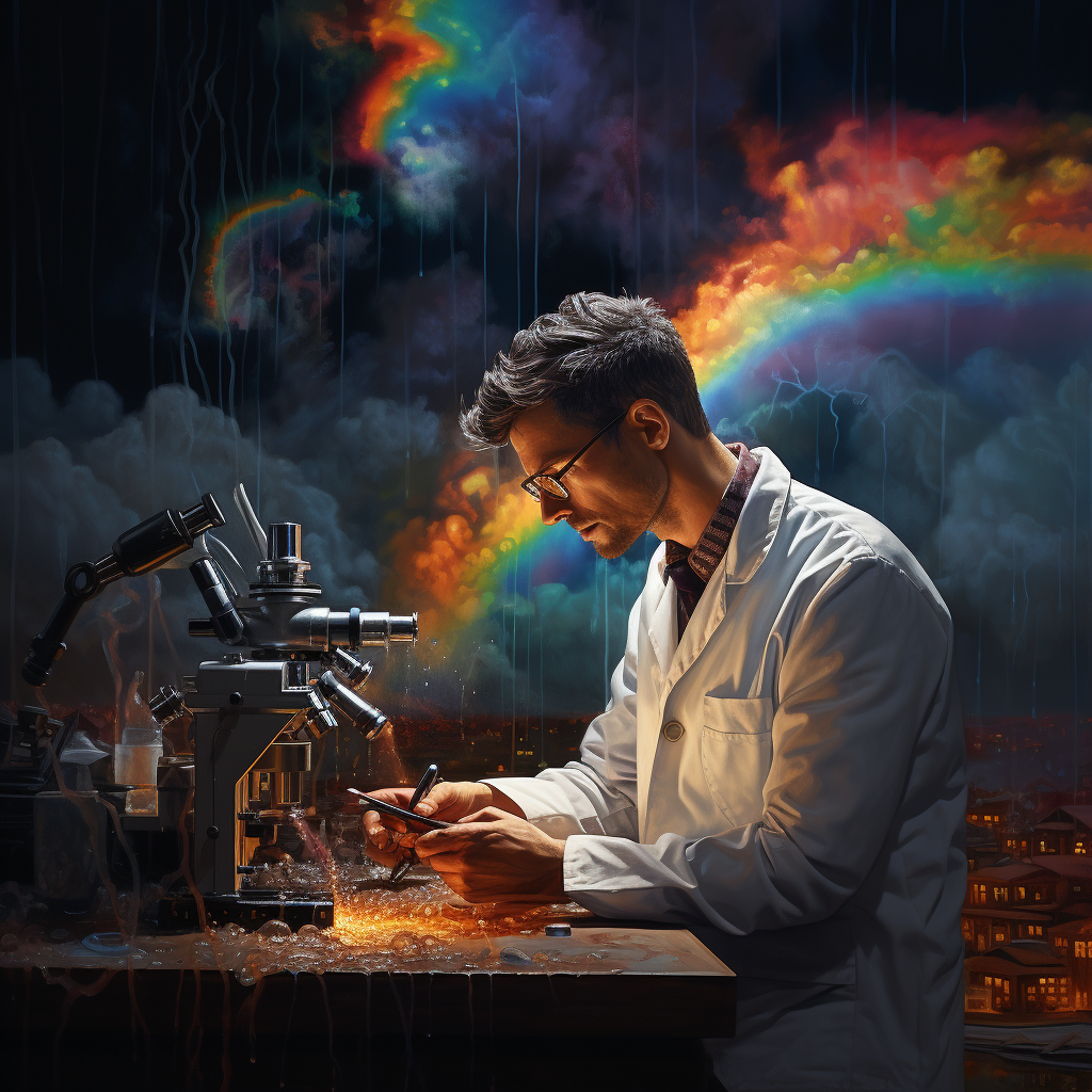 Hyperrealistic male scientist at a microscope in the middle of a rainstorm where the raindrops are made of rainbows