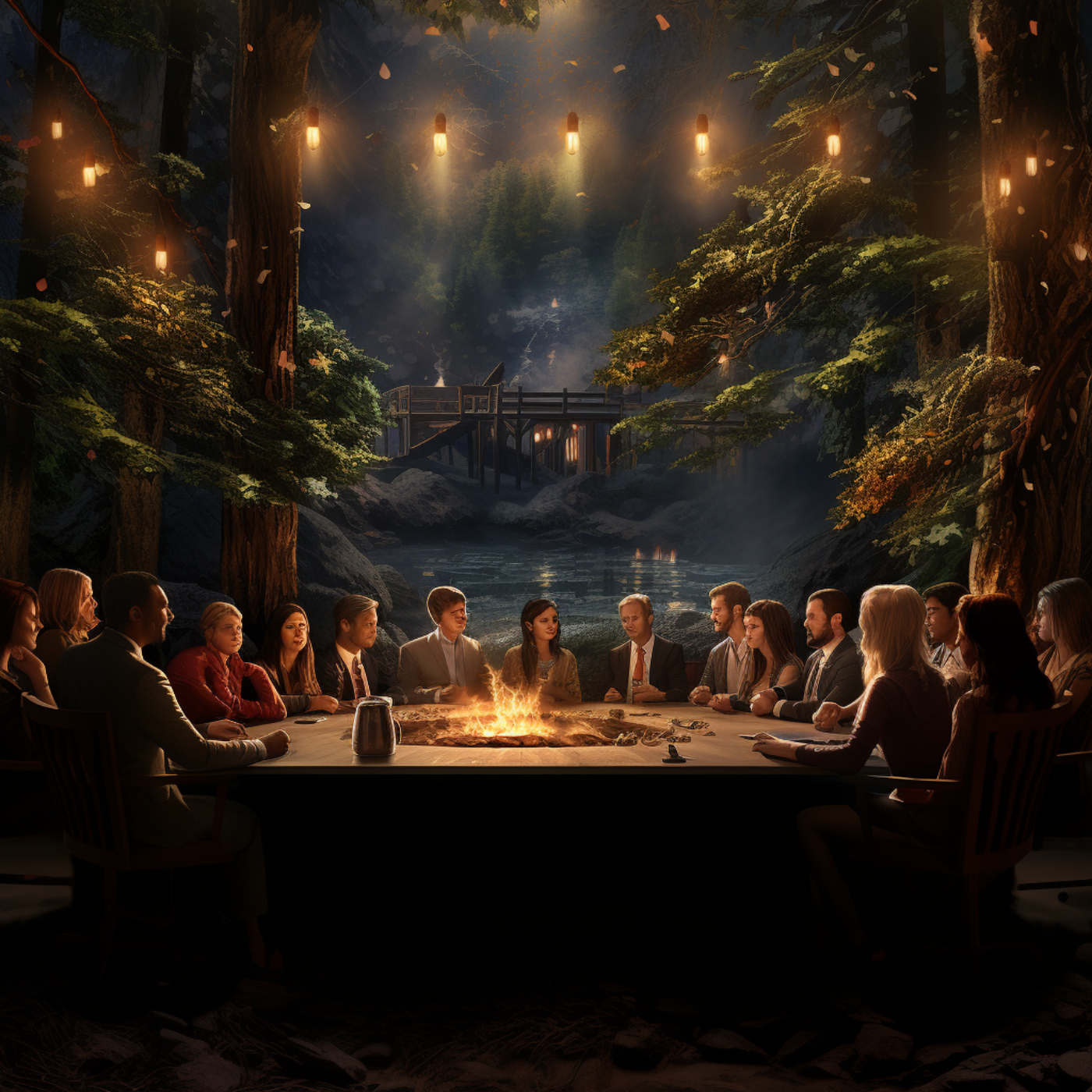 A photorealistic hyperrealistic group of thirty diverse faculty, students and staff from McMaster University wearing business casual clothes sitting a traditional wooden boardroom table debating a topic. The boardroom table is in the middle of a deciduous forest lit up by fairy lights with a small campfire burning in the background.