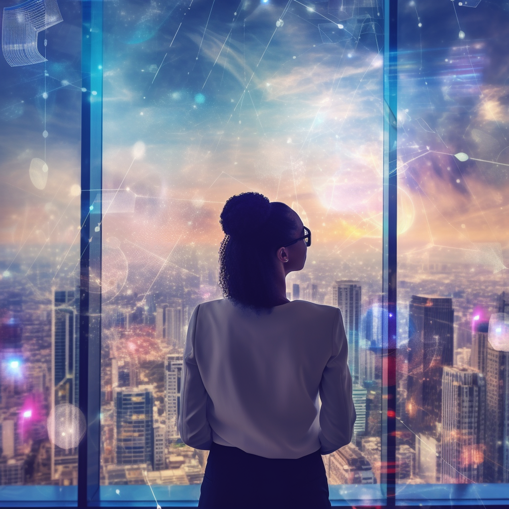 woman at a window with a cityscape lit up with neural network
