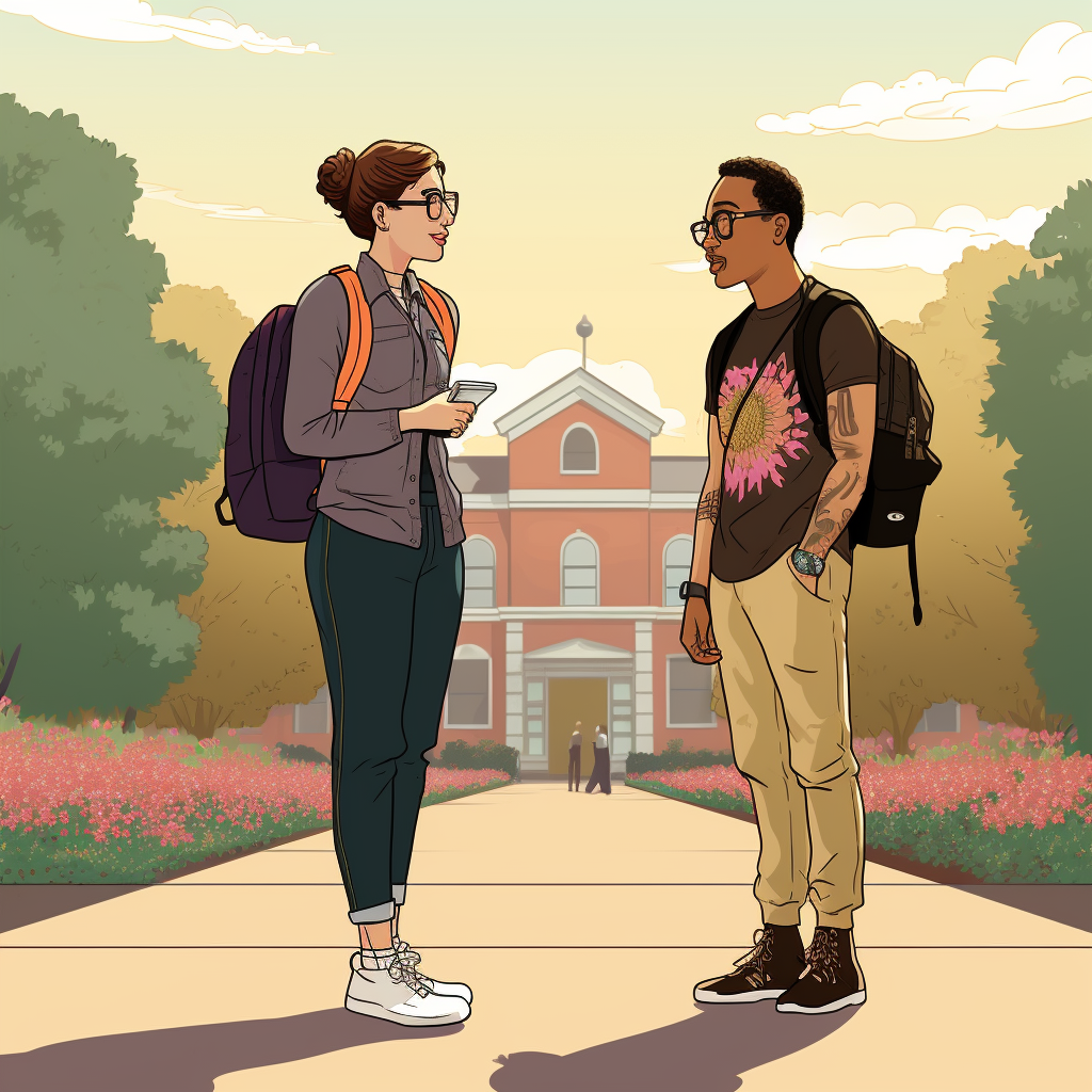 A racially ambiguous non binary faculty member talking to a racially ambigious non binary student while walking through the University campus in summer