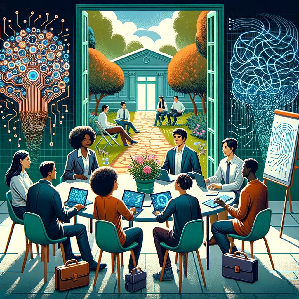Illustration of a vibrant and diverse academic meeting on generative AI, taking place in a unique setting that is half indoors and half outdoors. Indoors, a round table is surrounded by a South Asian female faculty member, an African male student with short curly hair, and an East Asian male professor. Through an open wall leading to the outdoor garden, we see three students: a Caucasian female with red hair, an African female with locks, and a Middle Eastern male student. They are all discussing AI topics, with digital tablets and papers scattered on the table, and the outdoor group has a flip chart with diagrams of neural networks.