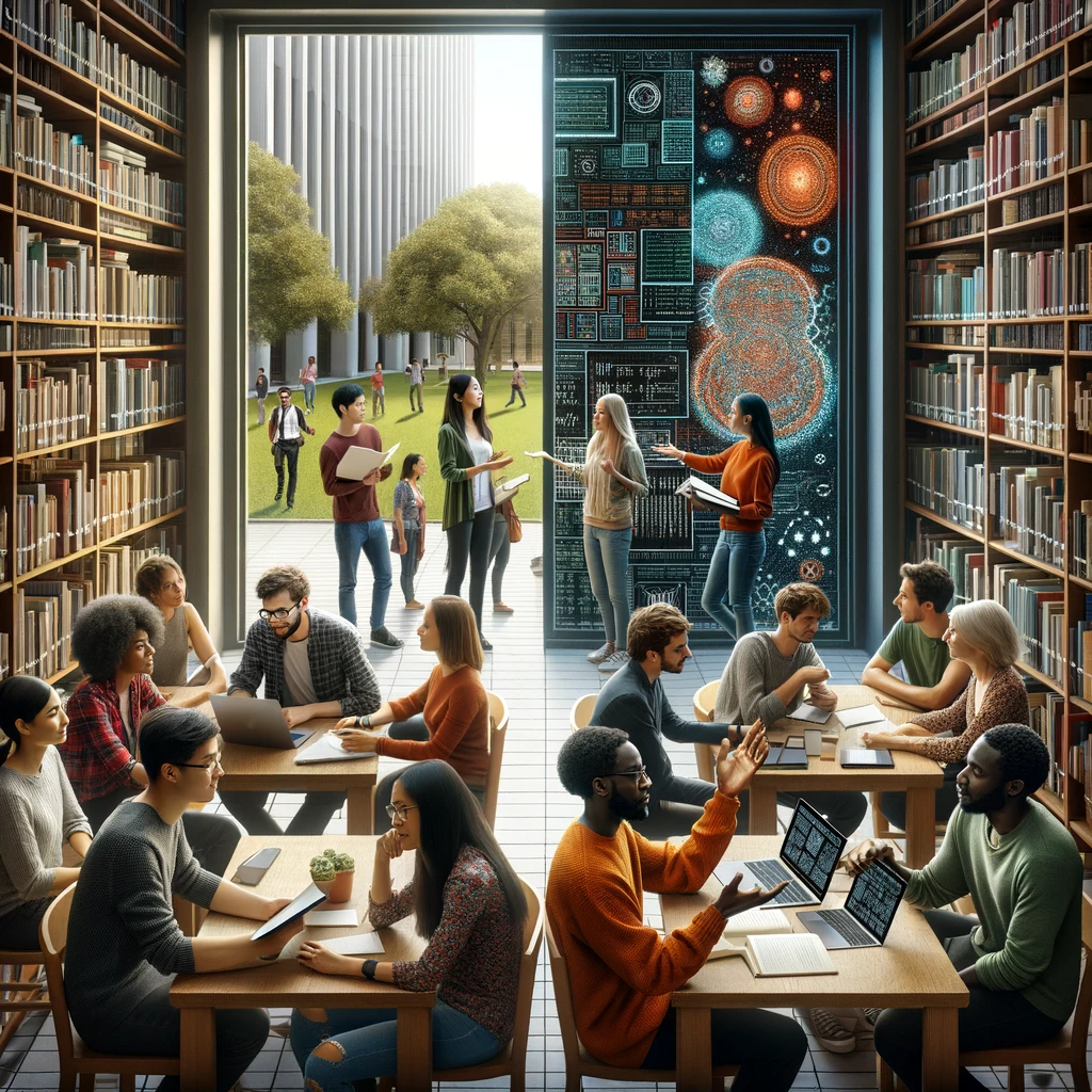 Photo of a diverse group of PhD students engaged in a collaborative discussion on generative AI in a hybrid space, with some students inside a well-lit library with tall bookshelves and the other half outside in a campus green space. Inside, we see an East Asian female student, a Black male student with glasses, and an Indigenous female student with long hair. Outside, through the open library doors, there are a South Asian male student, a Caucasian female student with short blonde hair, and an African male student with a beard, all exchanging research papers and ideas next to a chalkboard filled with complex algorithms.