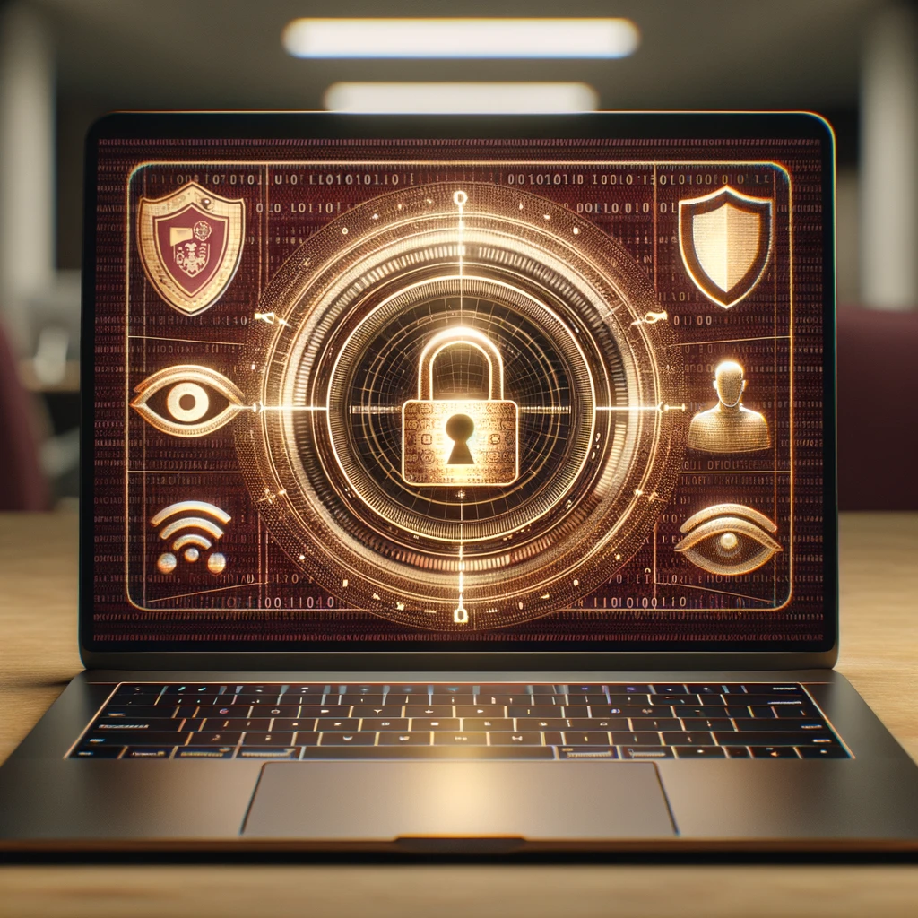 Photo of an open laptop with a virtual interface hovering above the keyboard, showcasing privacy warning icons like a padlock, eye, and shield, in a color scheme of maroon and gold, which are emblematic of McMaster University. The interface includes an intricate overlay of binary code in gold against a maroon backdrop and a facial recognition interface actively scanning a face, emphasizing the privacy risks associated with generative AI. The scene is set in a university office environment, subtly blurred to draw focus to the laptop and its holographic display.
