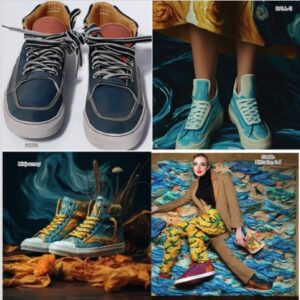 Four sneakers created using four different image generator AI technology (Adobe, DALL-E, MidJourney, Stable Diffusion 2.1). The Midjourney sneaker design follows the prompt the best, using additional props (ex. flowers) and an attractive blue background, to draw the focus to the sneakers. 